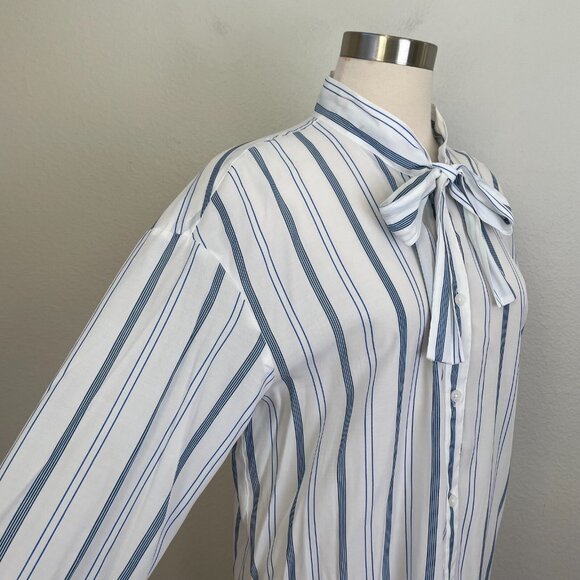 Elizabeth and James Womens Large White Blue Striped Tie Neck Shirt Button Up Top - Picture 3 of 10